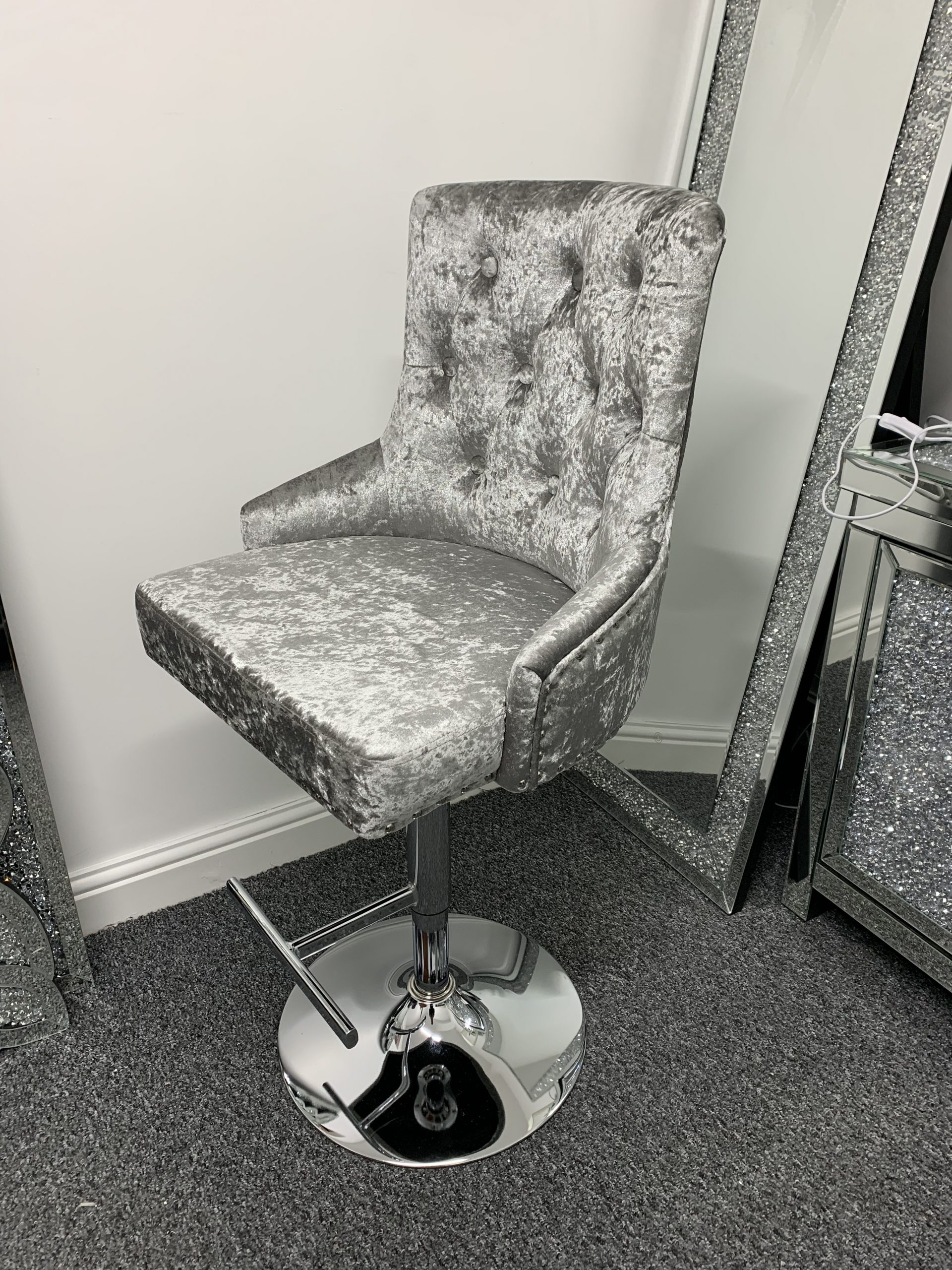 Grey crushed velvet store bar stools